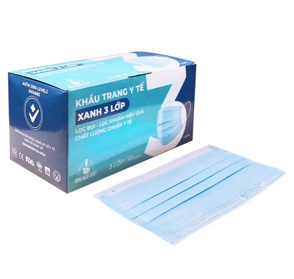 Khẩu Trang Y Tế 3 lớp Bạch Tuyết (màu xanh)
